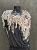 Knit Fur Taupe blue poncholette, Fringed shoulder wrap with faux fur, luxury fur knit capulet,