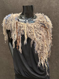 Knit Fur Taupe blue poncholette, Fringed shoulder wrap with faux fur, luxury fur knit capulet,