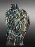 Poncho in teal green brown, Boho hippie fringed Knit handmade Poncho, shoulder wrap