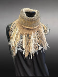 Cowl, ivory beige Knit Turtleneck Reversible Cowl with artsy fringe, neckwarmer, round scarf, yellow cowl, art fibers, head scarf, bohochic