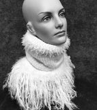 Cowl, ivory beige Knit Turtleneck Reversible Cowl with artsy fringe, neckwarmer, round scarf, yellow cowl, art fibers, head scarf, bohochic