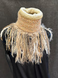 Cowl, ivory beige Knit Turtleneck Reversible Cowl with artsy fringe, neckwarmer, round scarf, yellow cowl, art fibers, head scarf, bohochic