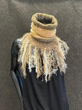 Cowl, ivory beige Knit Turtleneck Reversible Cowl with artsy fringe, neckwarmer, round scarf, yellow cowl, art fibers, head scarf, bohochic