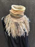 Cowl, ivory beige Knit Turtleneck Reversible Cowl with artsy fringe, neckwarmer, round scarf, yellow cowl, art fibers, head scarf, bohochic