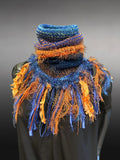 Cowl, blue orange Knit Turtleneck Reversible Cowl with artsy fringe, neckwarmer, round scarf, blue orange cowl, head scarf, bohochic