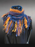 Cowl, blue orange Knit Turtleneck Reversible Cowl with artsy fringe, neckwarmer, round scarf, blue orange cowl, head scarf, bohochic