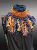 Cowl, blue orange Knit Turtleneck Reversible Cowl with artsy fringe, neckwarmer, round scarf, blue orange cowl, head scarf, bohochic