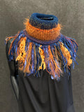 Cowl, blue orange Knit Turtleneck Reversible Cowl with artsy fringe, neckwarmer, round scarf, blue orange cowl, head scarf, bohochic