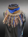 Cowl, blue brown Knit Turtleneck Reversible Cowl with artsy fringe, neckwarmer, round scarf, navy cowl, art fibers, head scarf, bohochic