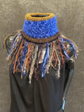 Cowl, blue brown Knit Turtleneck Reversible Cowl with artsy fringe, neckwarmer, round scarf, navy cowl, art fibers, head scarf, bohochic