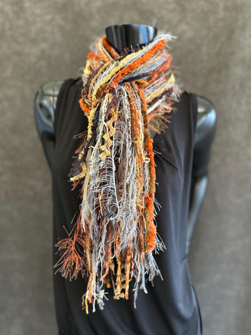 Fringie Yarn Scarf, Gray Rust Tan handmade Scarf, boho fashion scarf