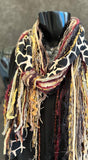 Fringie scarf in burgundy beige shades with giraffe print, bohemian style, boho chic