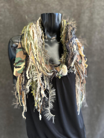 Fringe scrappy scarf, camouflage print sage beige scarf, city print, Handmade Boho Scarf, funky indie clothing, women gifts