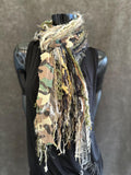 Fringe scrappy scarf, camouflage print sage beige scarf, city print, Handmade Boho Scarf, funky indie clothing, women gifts