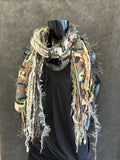 Fringe scrappy scarf, camouflage print sage beige scarf, city print, Handmade Boho Scarf, funky indie clothing, women gifts