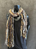 Unique handmade yarn Fringie scarf, gray rust wrap scarf, Leopard boho fiber scarf, ribbon necklace, boho accessory, beige gray scarves