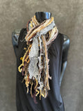 Unique handmade yarn Fringie scarf, gray rust wrap scarf, Leopard boho fiber scarf, ribbon necklace, boho accessory, beige gray scarves