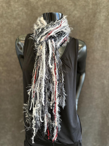 Fringie Yarn Scarf, Gray Maroon burgundy handmade boho style Scarf