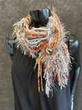 Fringie Yarn Scarf, Gray Rust Tan handmade boho funky Scarf