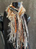 Fringie Yarn Scarf, Gray Rust Tan handmade boho funky Scarf