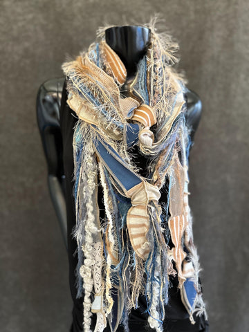 Bohemian handmade long Boho  blue tan cream Scarf, Shreds Fringie yarn scarf, Whimsical fiber fringe scarf, tribal scarves, eco refashion