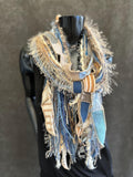 Bohemian handmade long Boho  blue tan cream Scarf, Shreds Fringie yarn scarf, Whimsical fiber fringe scarf, tribal scarves, eco refashion