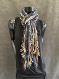 Handmade bohemian style art scarf, Fringie scarf in blue beige black