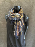 Handmade bohemian style art scarf, Fringie scarf in blue beige black