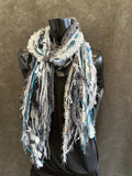 Fringie Yarn Scarf, gray aqua teal black boho style Scarf