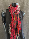 Fringie scarf in red black gray, Fringe Scarf, Handmade art yarn scarf, art yarn, bohemian, boho chic, ribbon scarf