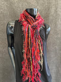 Fringie scarf in red black gray, Fringe Scarf, Handmade art yarn scarf, art yarn, bohemian, boho chic, ribbon scarf