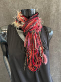 Fringie scarf in red purple gold, Fringe Scarf, art yarn, bohemian, boho chic