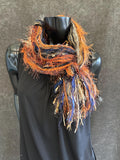 Handmade bohemian style art scarf, Fringie scarf in blue rust tan