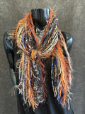 Handmade bohemian style art scarf, Fringie scarf in blue rust tan