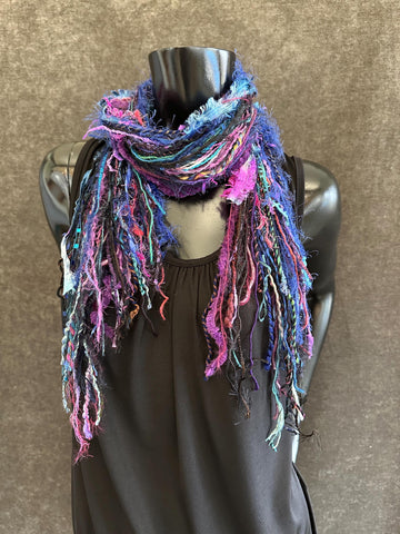 Fringie art Yarn Scarf, Knotted handmade art Scarf in purple aqua black jewel shades, indie scarf, boho accessories, short scarf