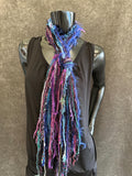 Fringie art Yarn Scarf, Knotted handmade art Scarf in purple aqua black jewel shades, indie scarf, boho accessories, short scarf