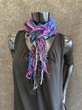 Fringie art Yarn Scarf, Knotted handmade art Scarf in purple aqua black jewel shades, indie scarf, boho accessories, short scarf