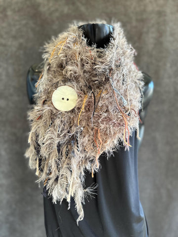 Hand Knit taupe fur scarf with oversized button, Taupe blush silky Fur Boho Art Scarf, Scarf with fringe, tan knit scarf