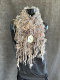 Hand Knit taupe fur scarf with oversized button, Taupe blush silky Fur Boho Art Scarf, Scarf with fringe, tan knit scarf