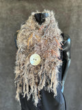 Hand Knit taupe fur scarf with oversized button, Taupe blush silky Fur Boho Art Scarf, Scarf with fringe, tan knit scarf