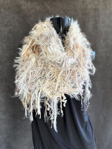 Hand Knit tan beige fluffy scarf with oversized button, Fur Art Scarf