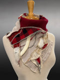 Upcycled couture neck cowl scarf in red black gold, boho chic post apocalyptic, plaid neckwarmer, deconstruct clothing