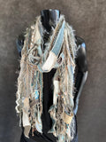 Boho fiber fringe scarf handmade in olive sage and cream artwear