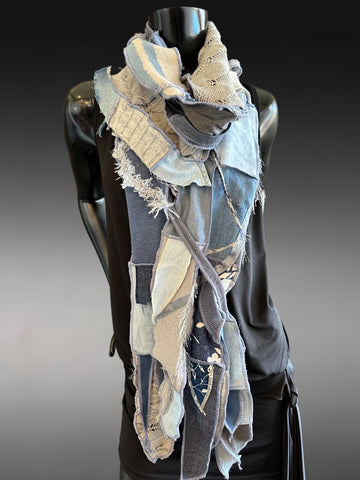 Upcycled Bohemian Denim blue gray Fabric Scarf