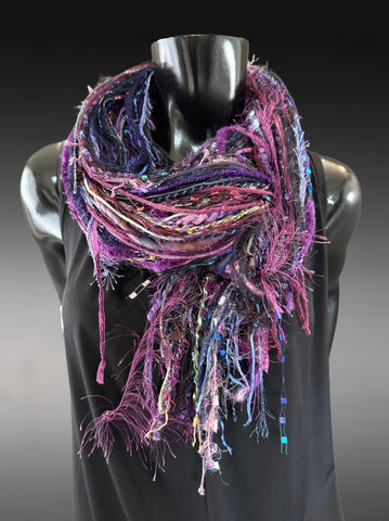 Handmade art yarn fringe scarf with art yarns , Fringie scarf in purple jewel tones, women gift, boho accessory, vibrant color scarf