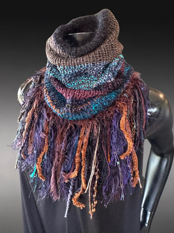 Knit Handmade reversible turtleneck neckwarmer cowl with fringe in dark jewel tone