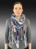 Boho neutral fiber fringe scarf with upcycyled fabric and art yarn in Lavender Blue Gray