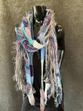 Boho neutral fiber fringe scarf with upcycyled fabric and art yarn in Lavender Blue Gray