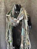 Boho fiber fringe scarf handmade in olive sage and cream artwear