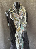 Boho fiber fringe scarf handmade in olive sage and cream artwear